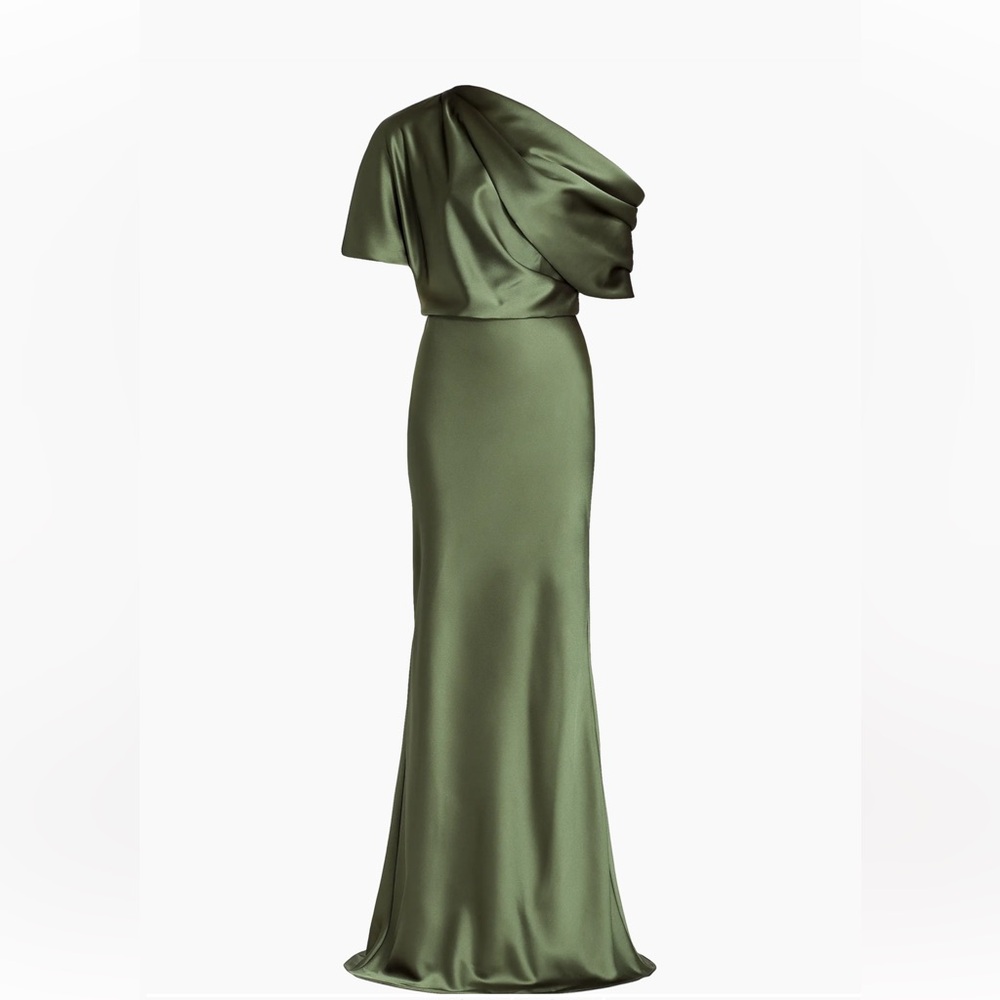 AMSALE Pryce Satin One Shoulder Gown Olive Size 4 - Picture 4 of 15